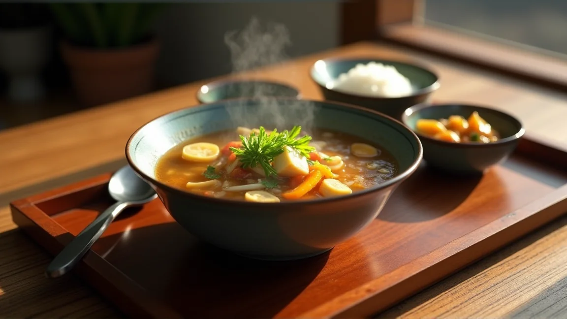 湯気の立つけんちん汁とご飯の和定食