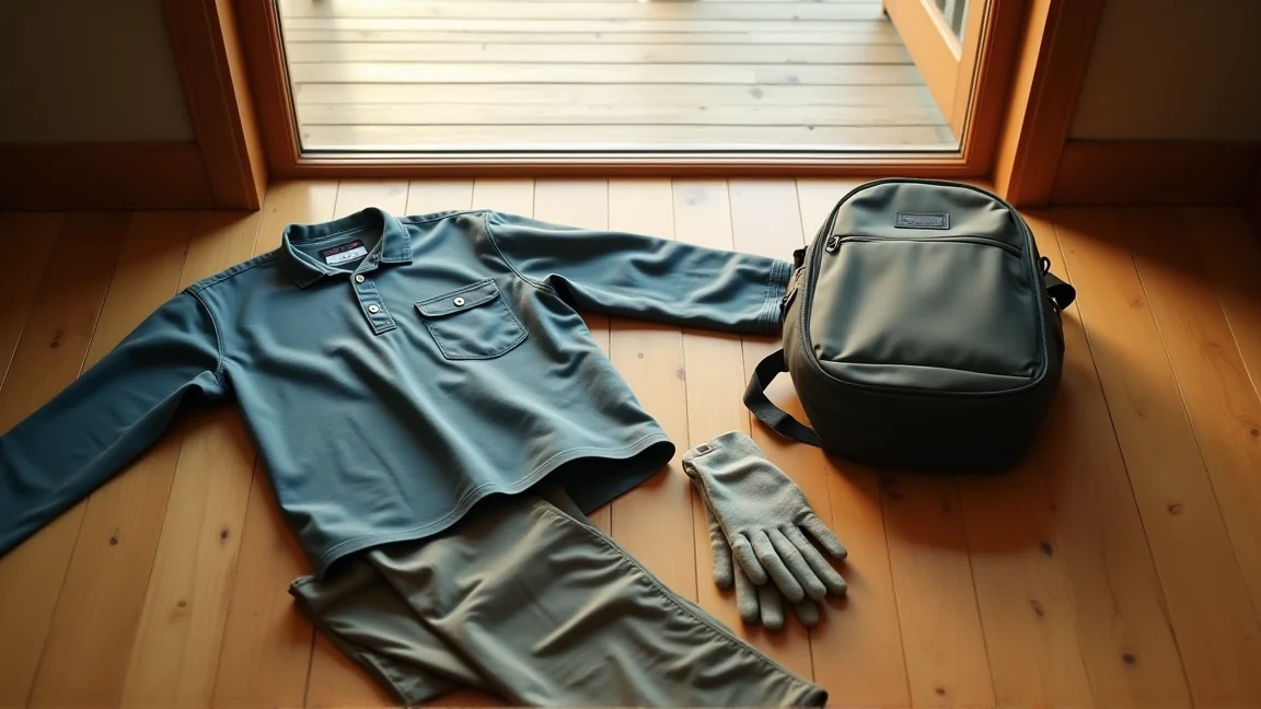 玄関に並べた芋掘り当日の服と長靴と軍手