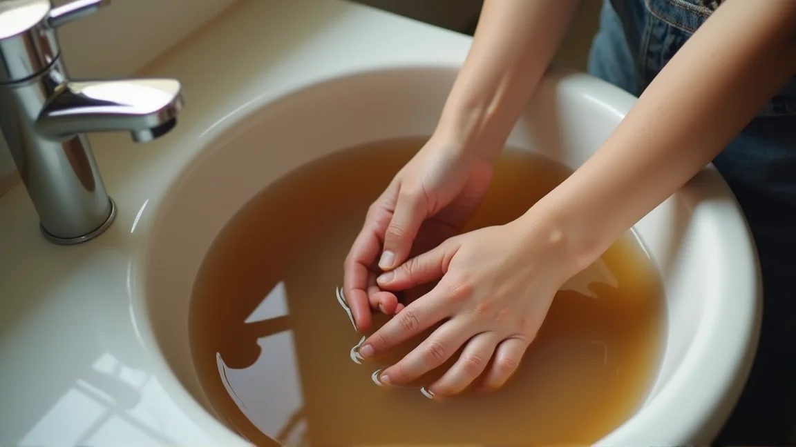 洗面器のぬるま湯で泥のついた子ども服を予洗いする手元