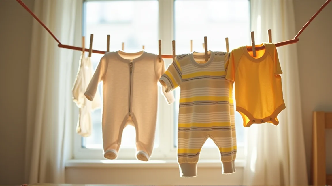 洗い終えた子ども服を室内に干している様子