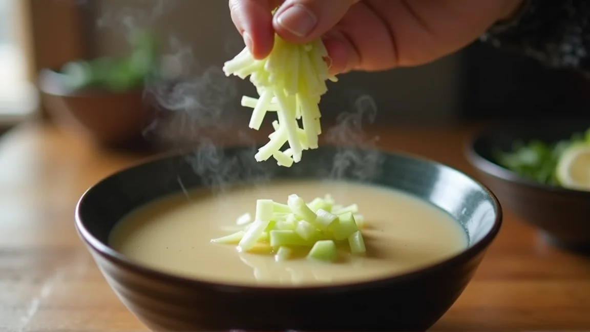 凍ったままの長ねぎを味噌汁に散らす手元