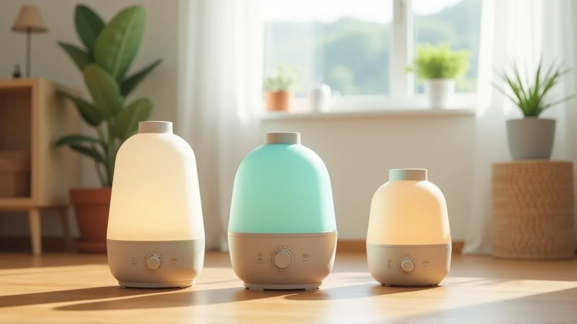 方式の違う加湿器が並ぶ部屋