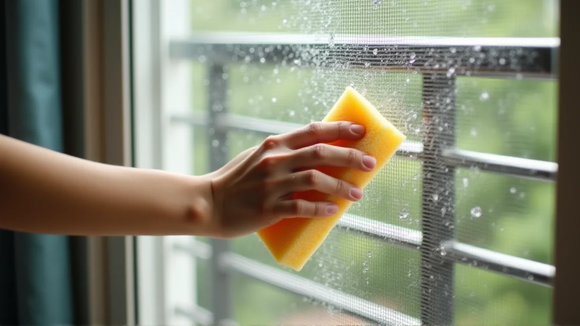網戸を水洗いする手元