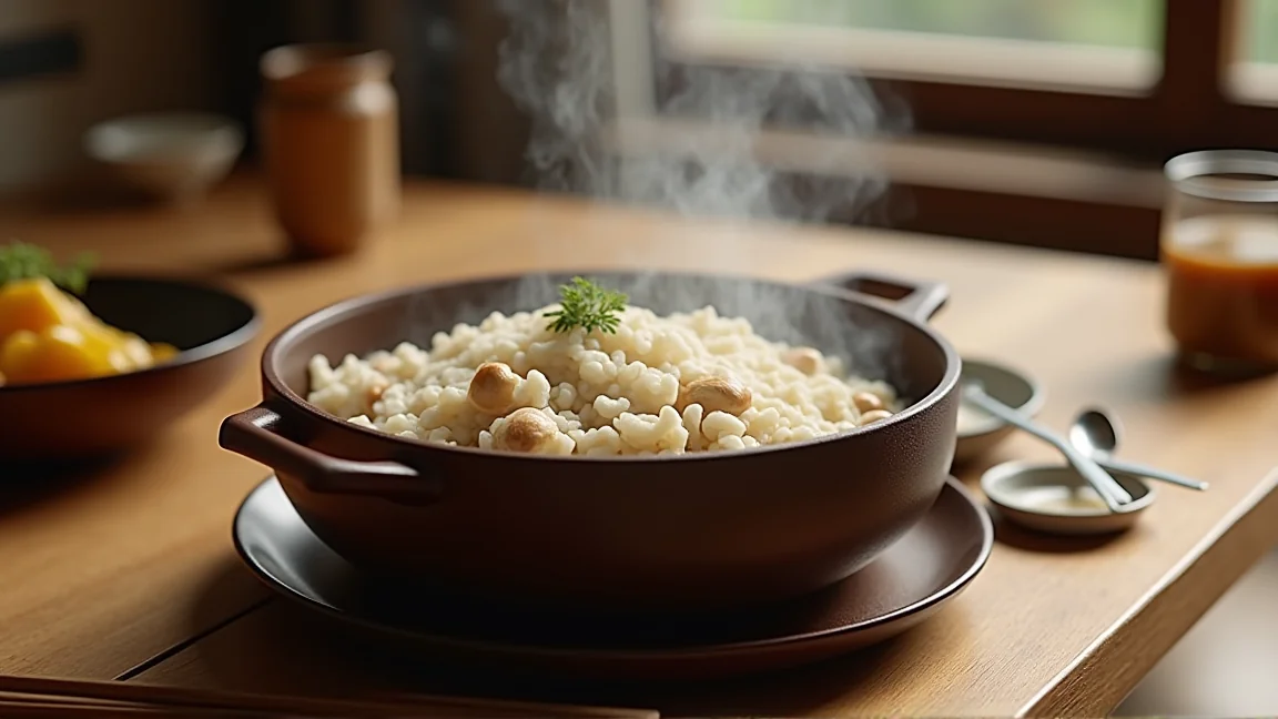 土鍋で炊き上げた松茸ご飯から湯気が立つ様子