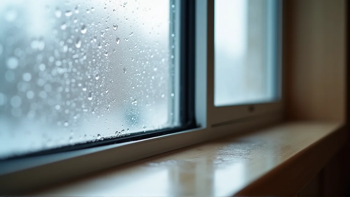 冬の朝に水滴がついた窓ガラスとアルミサッシ