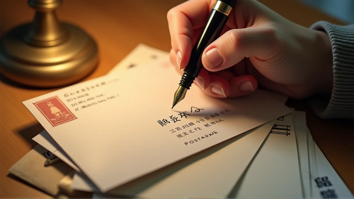 宛名を手書きする手元と万年筆