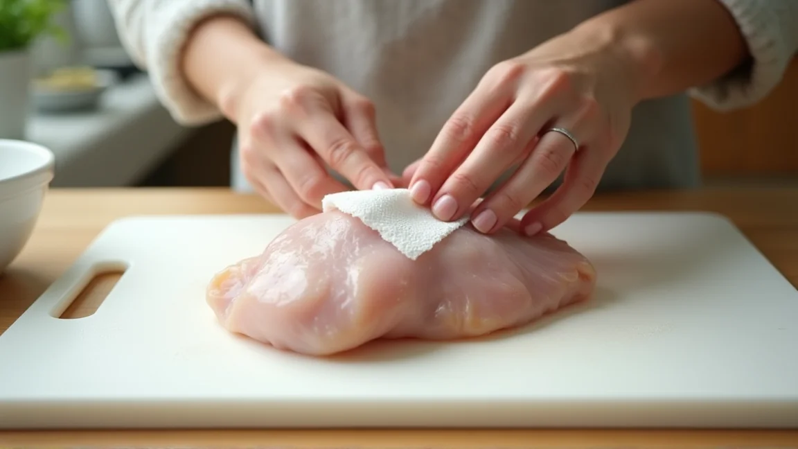 鶏もも肉の皮目の水分をキッチンペーパーで押さえて拭き取る手元