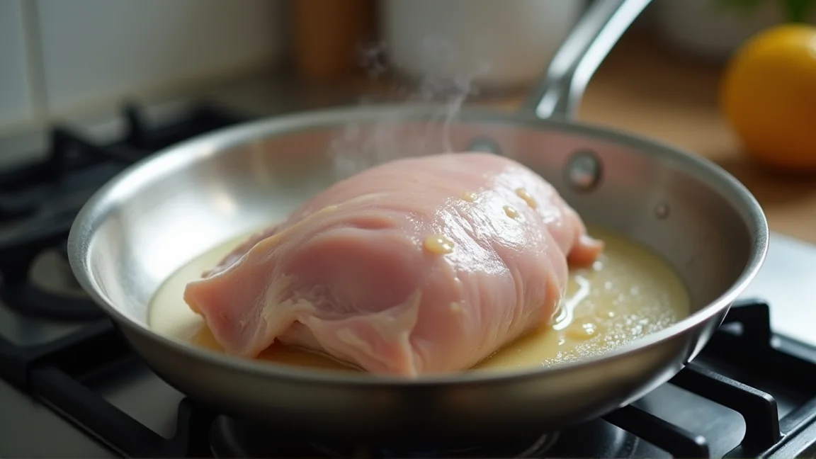 冷たいフライパンに皮目を下にして置いた鶏もも肉と、溶け出した脂