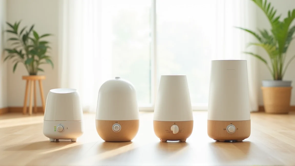 タイプの違う加湿器が明るいリビングの床に並んでいる様子