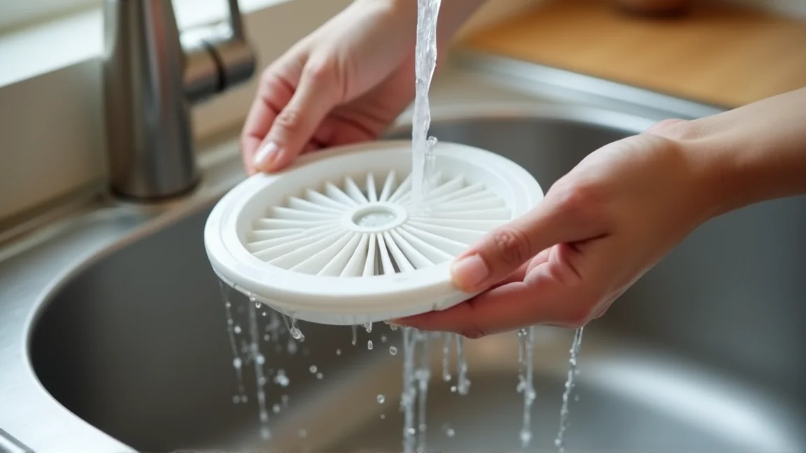 加湿フィルターをキッチンの流しで洗っている手元