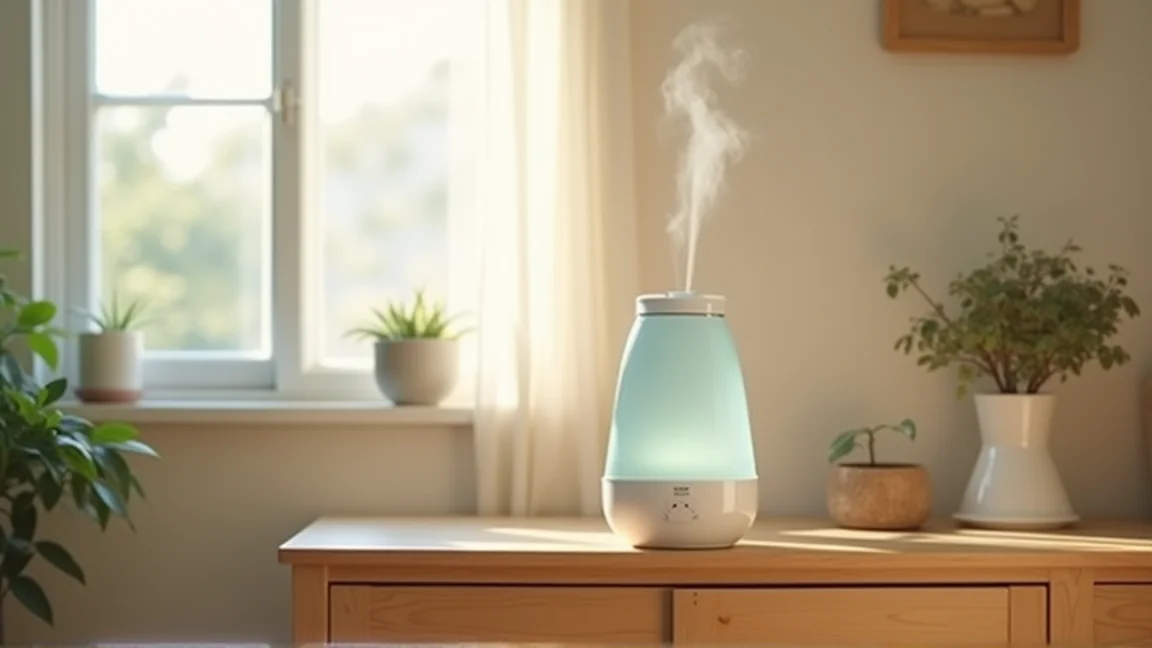 窓から離れた棚の上に置かれた加湿器と静かなリビング