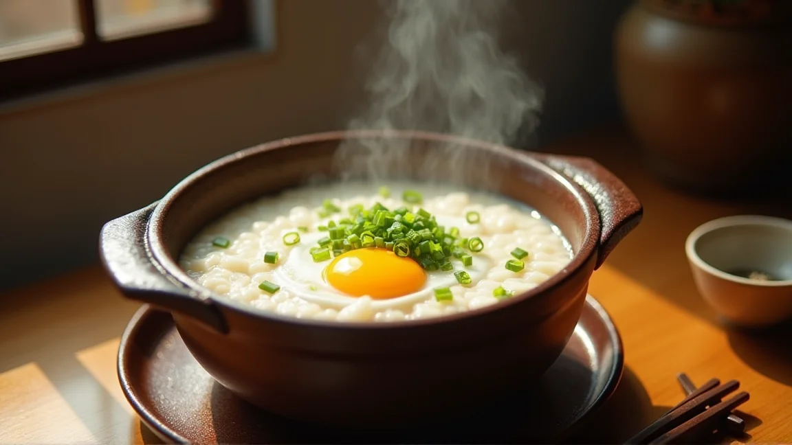 鍋の残りスープで作った卵とじ雑炊を土鍋によそったところ