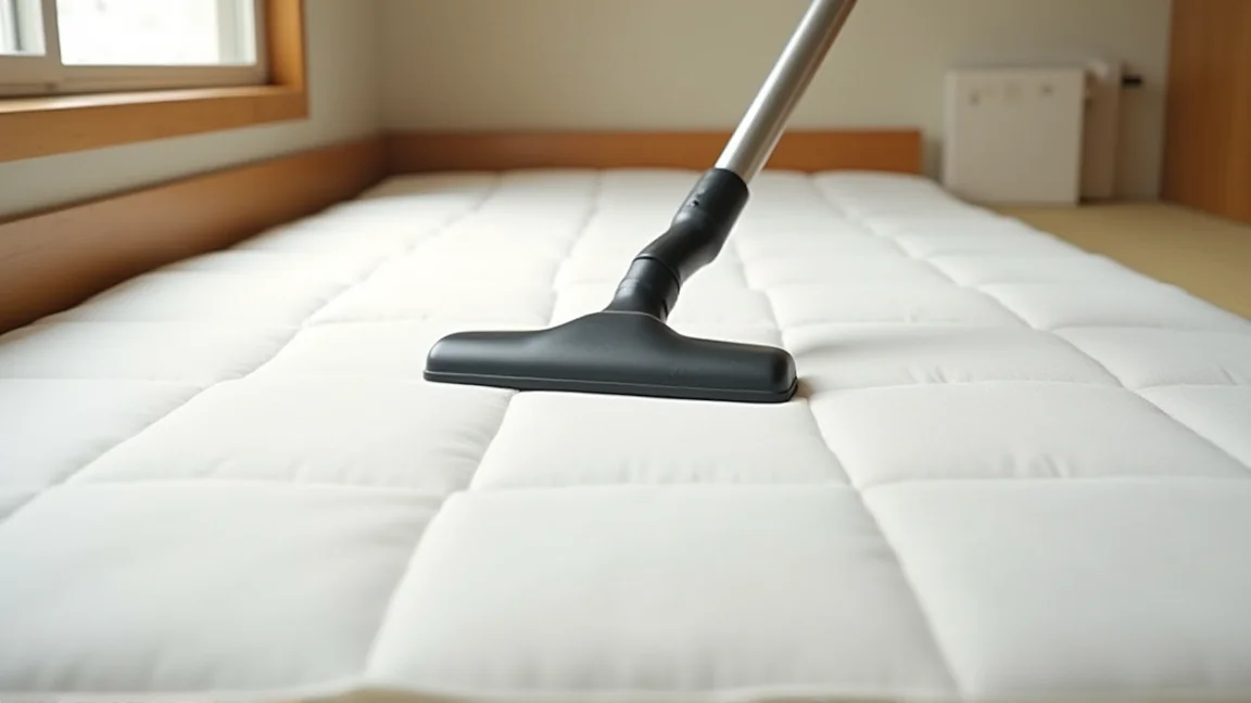 布団の表面に掃除機のノズルをゆっくり当てている様子