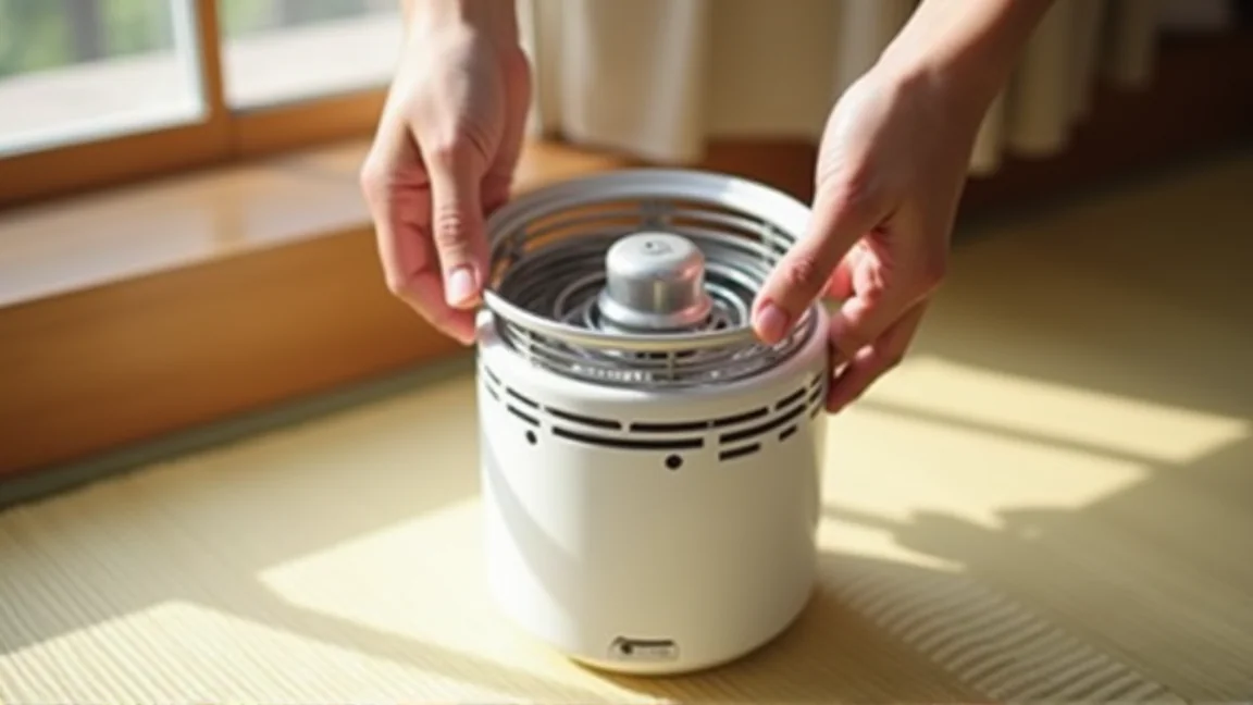 石油ストーブの燃焼筒を持ち上げて芯を点検する手元