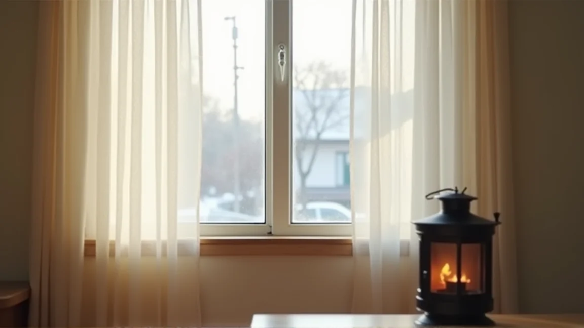 冬の部屋で窓を少し開けて換気している様子