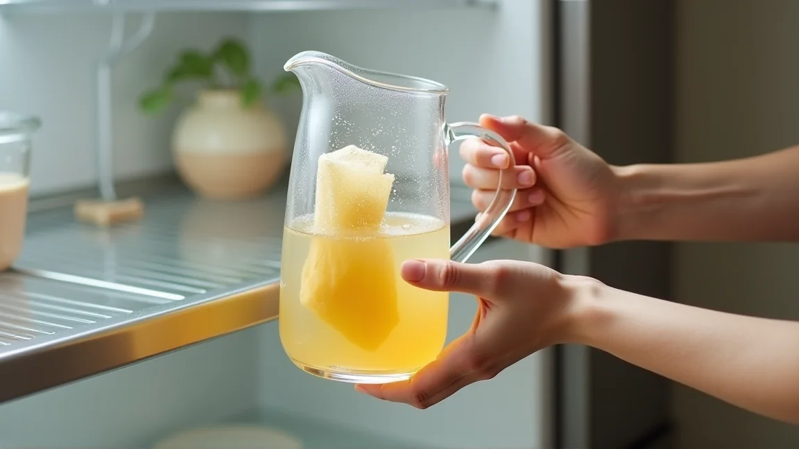 麦茶ポットに入れた昆布の水出しだしを冷蔵庫から取り出す手元