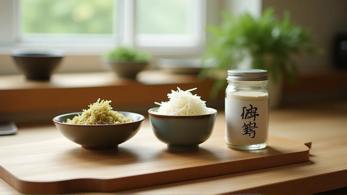 台所の調理台に並べただし昆布とかつお節と顆粒だしの容器