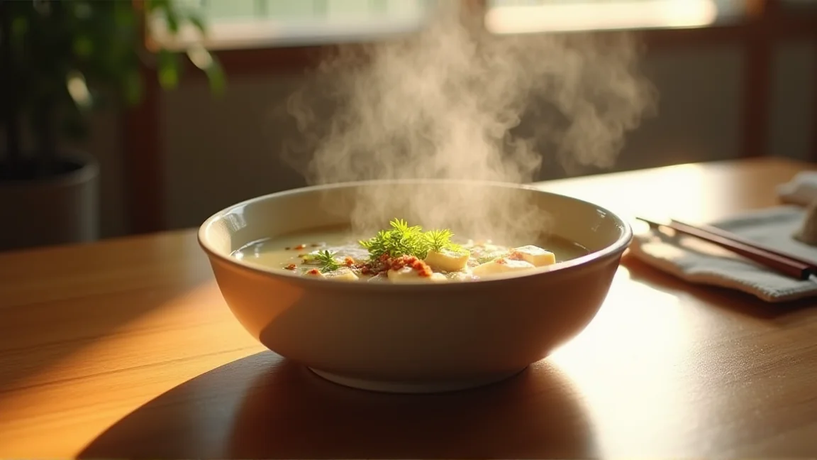 湯気の立つ味噌汁の椀を食卓に置く様子