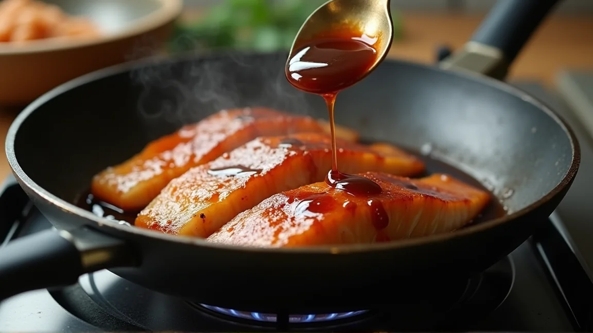 フライパンでぶりの切り身にたれをスプーンでかけながら煮からめている場面