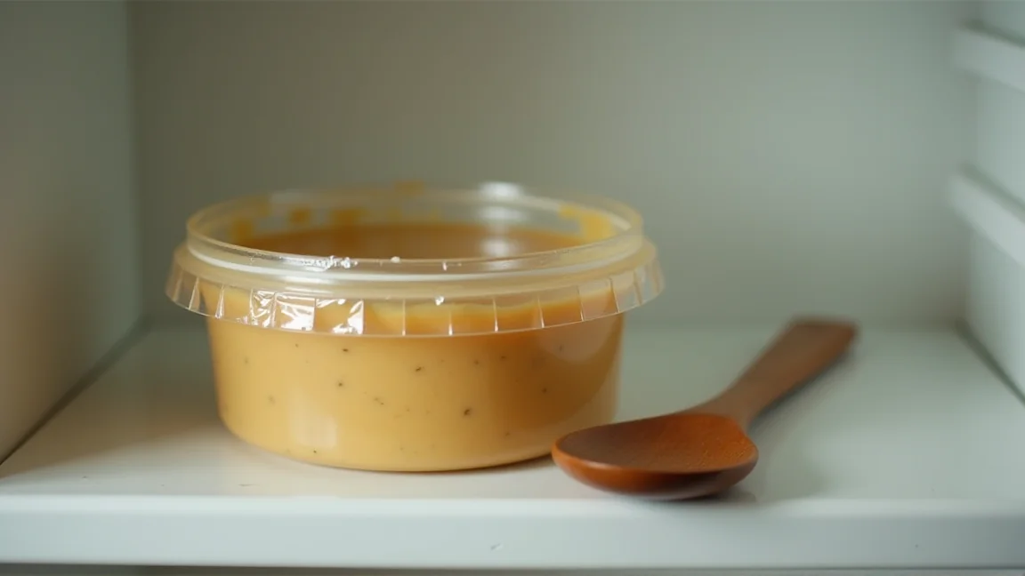 冷蔵庫の棚に置かれた味噌のカップと木のスプーン