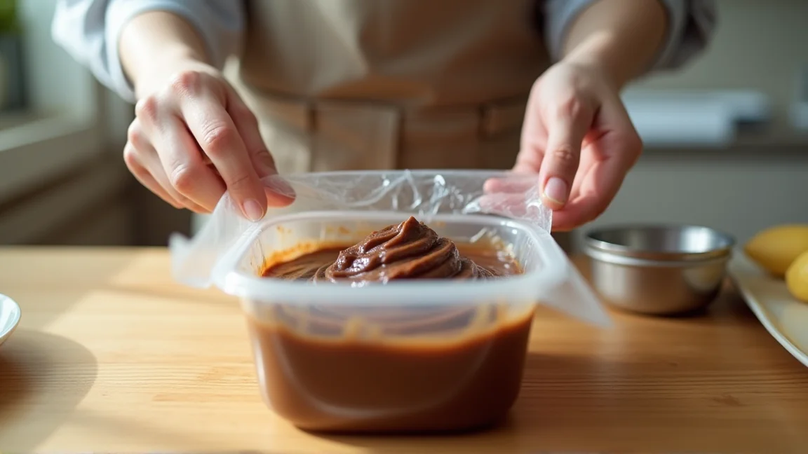 味噌の表面を平らにならしてラップを密着させている手元