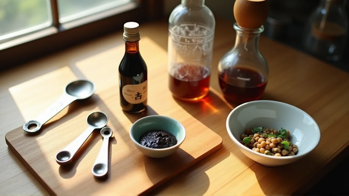 計量スプーンとしょうゆ・味噌・みりんを並べた台所の作業台