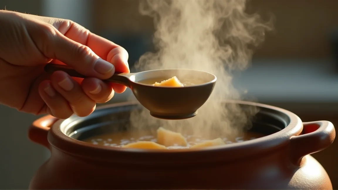 鍋のつゆの味を小皿で確認している手元