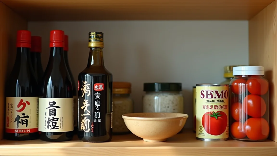 調味料棚に並んだしょうゆ・みりん・酒・味噌・ごま油・トマト缶