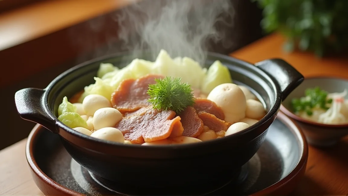 食卓の土鍋で野菜と豆腐が煮えている様子