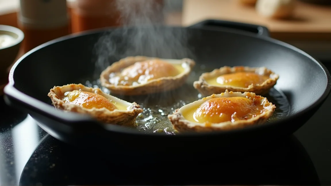 フライパンで焼かれてふっくらと縁が反り返った牡蠣