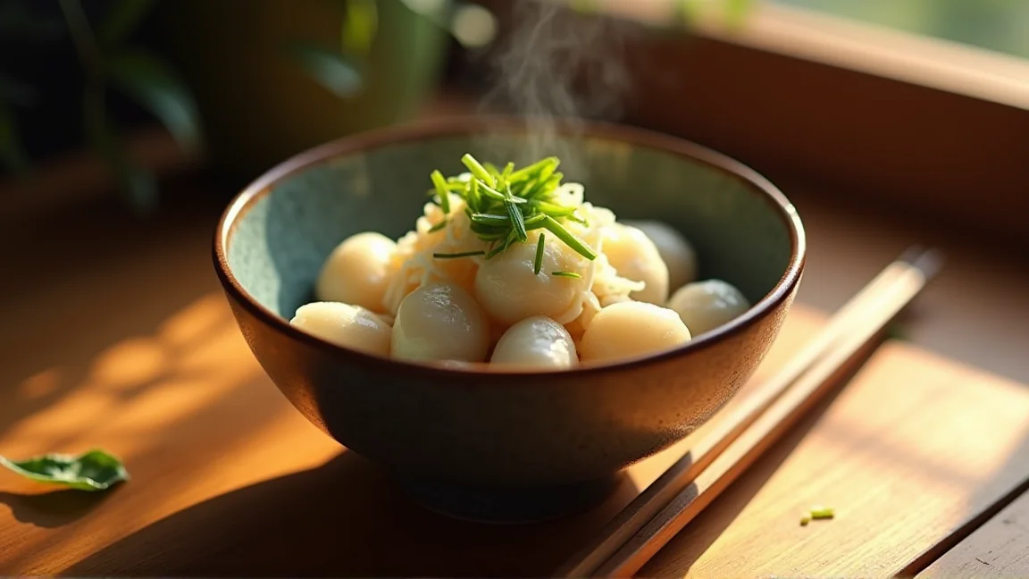 ふっくらとした牡蠣を使った小鉢と箸のある食卓