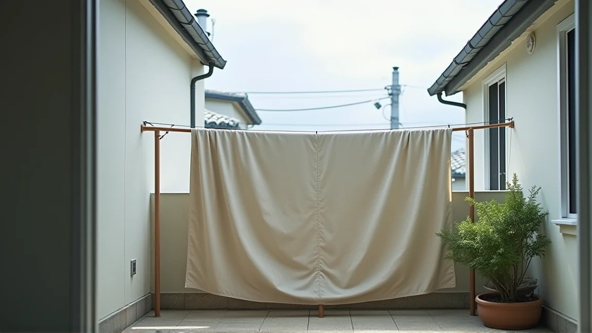 物干し竿2本にかけて日陰で乾かしている毛布