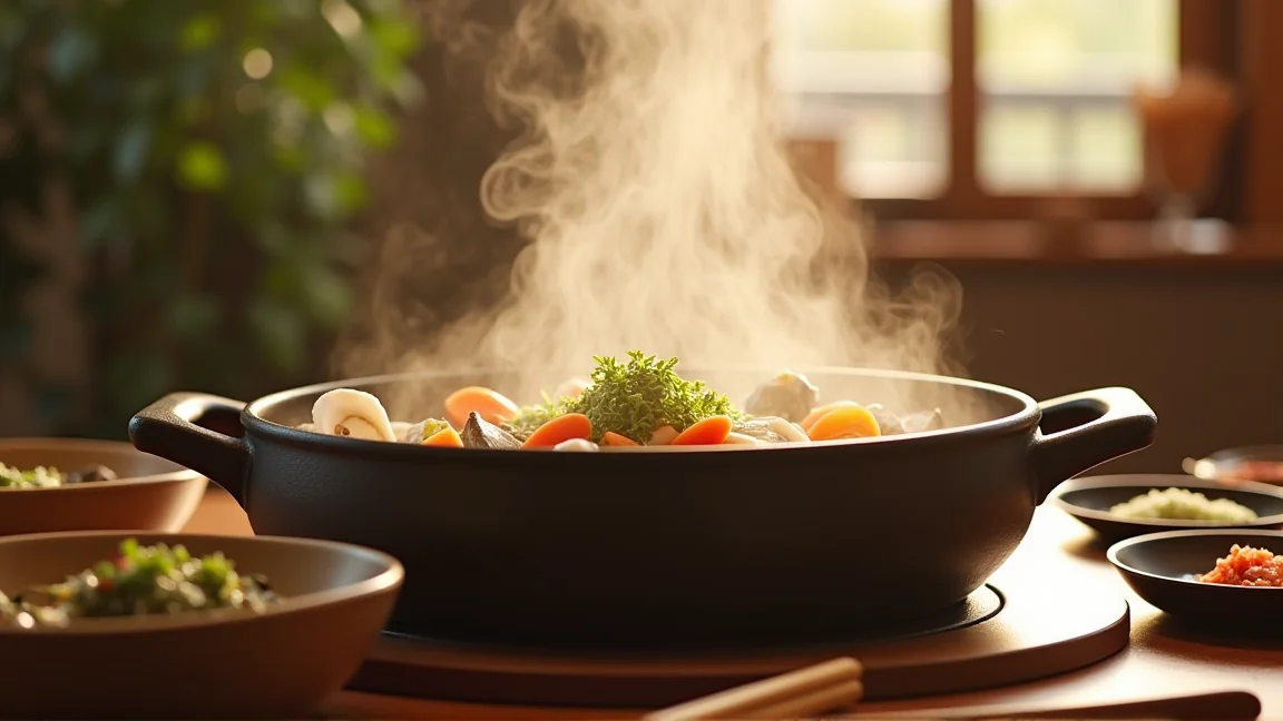 牡蠣の鍋を食卓に並べた場面