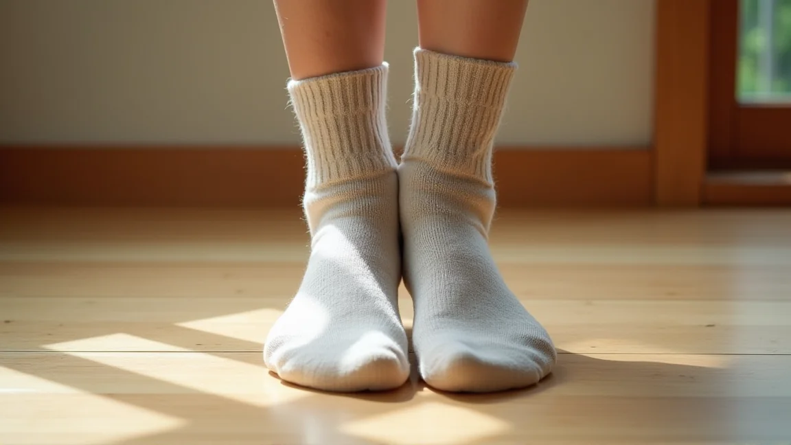 薄手と厚手の靴下を二枚重ねて履いた足元