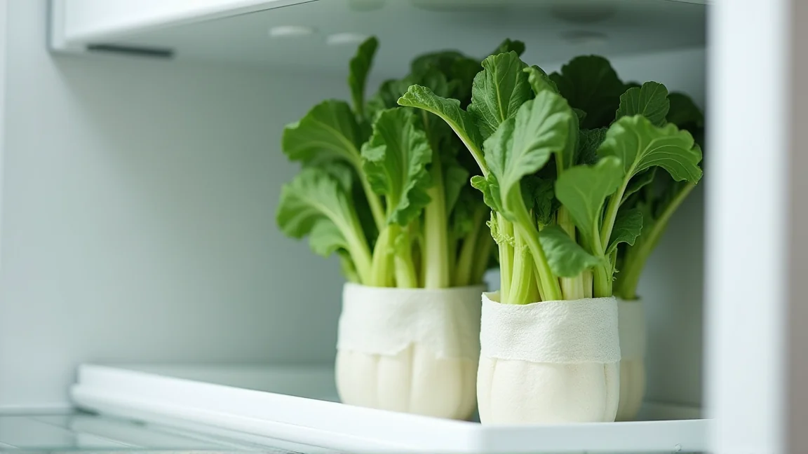 湿らせたペーパーで根元を包んだ春菊を野菜室に立てて入れる