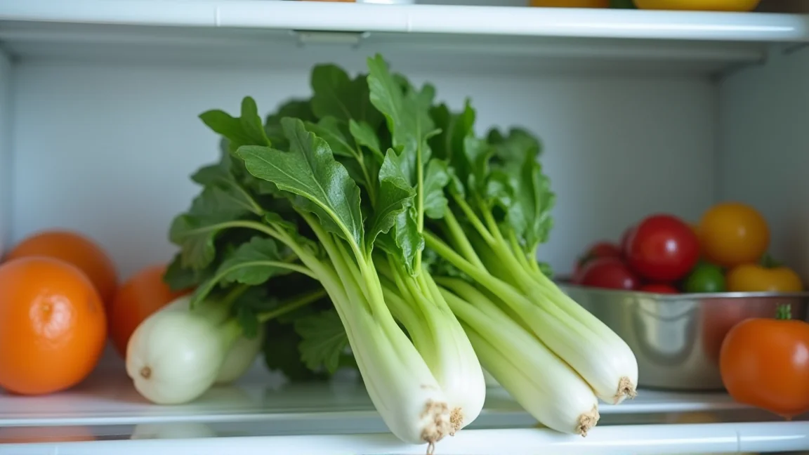 野菜室に立てて保存された春菊
