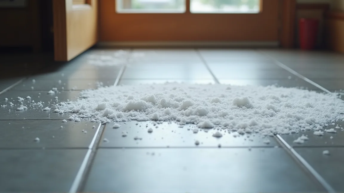 玄関タイルに残った融雪剤の白い跡
