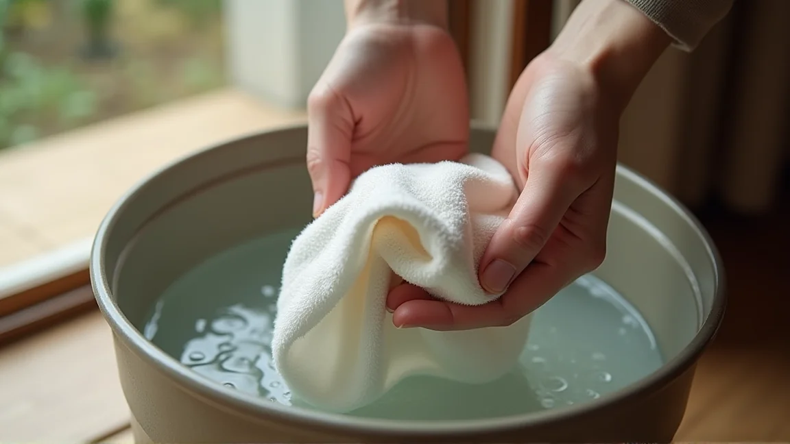 バケツの水で雑巾を固く絞っている手元