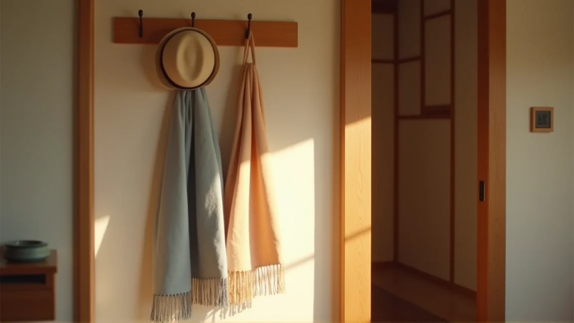 玄関のフックに掛けたストールと帽子