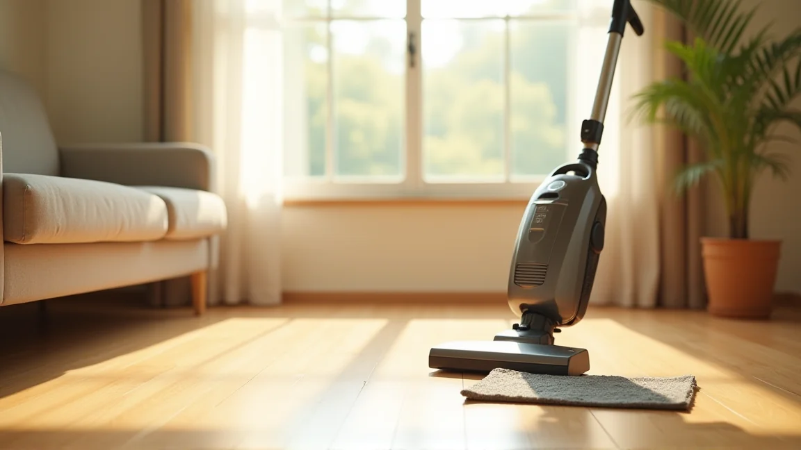 午後の光が入る部屋で床を掃除する様子