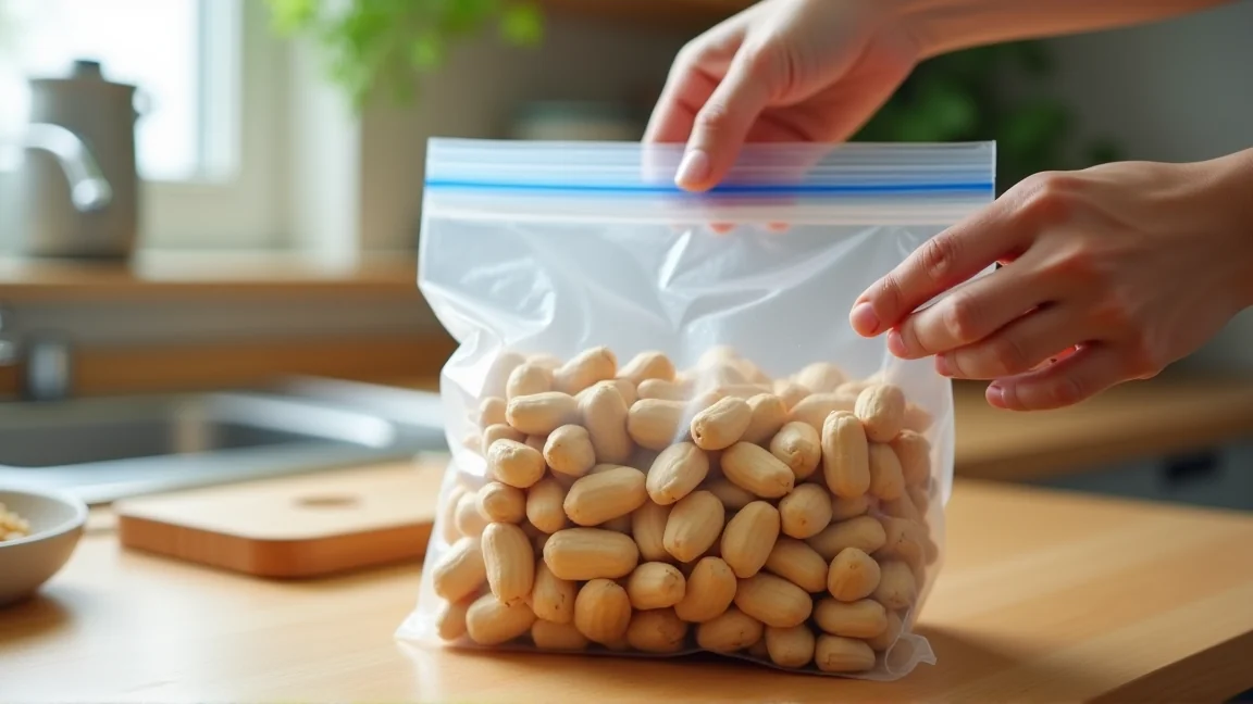 茹でた落花生を冷凍用保存袋に入れているところ