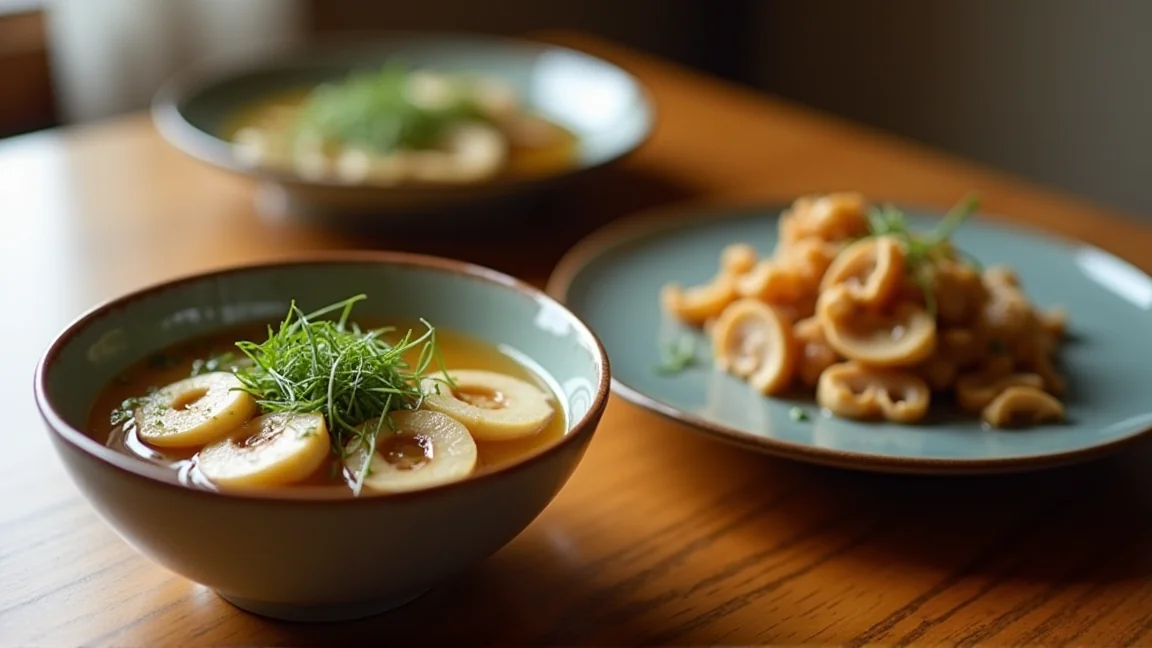 冷凍エリンギを使ったみそ汁と炒め物が並ぶ食卓