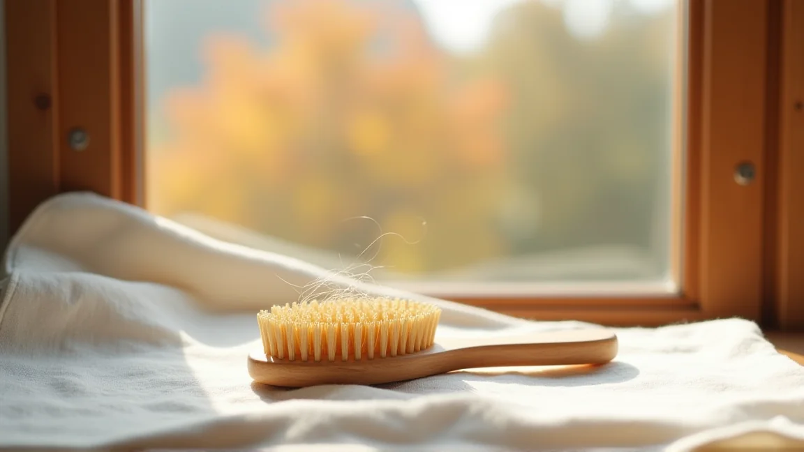 秋の窓辺に置いたヘアブラシと抜けた数本の髪