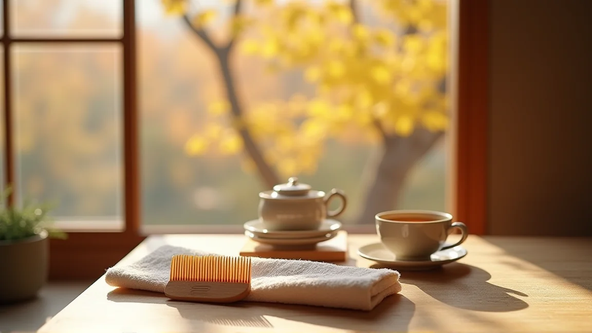 秋の窓辺に置いたくしとタオル、温かいお茶