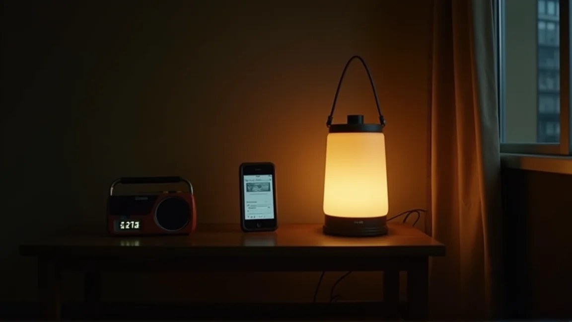 停電中の部屋でランタンの明かりのそばに置いたスマホ