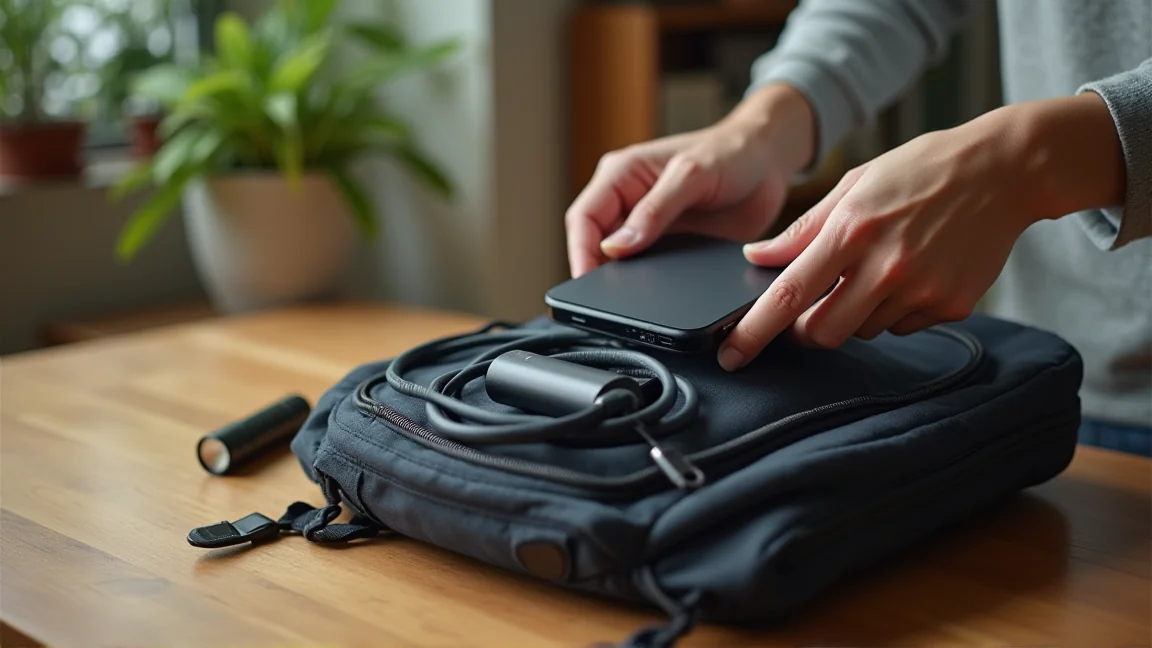 非常用持ち出し袋にモバイルバッテリーとケーブルを入れる手元