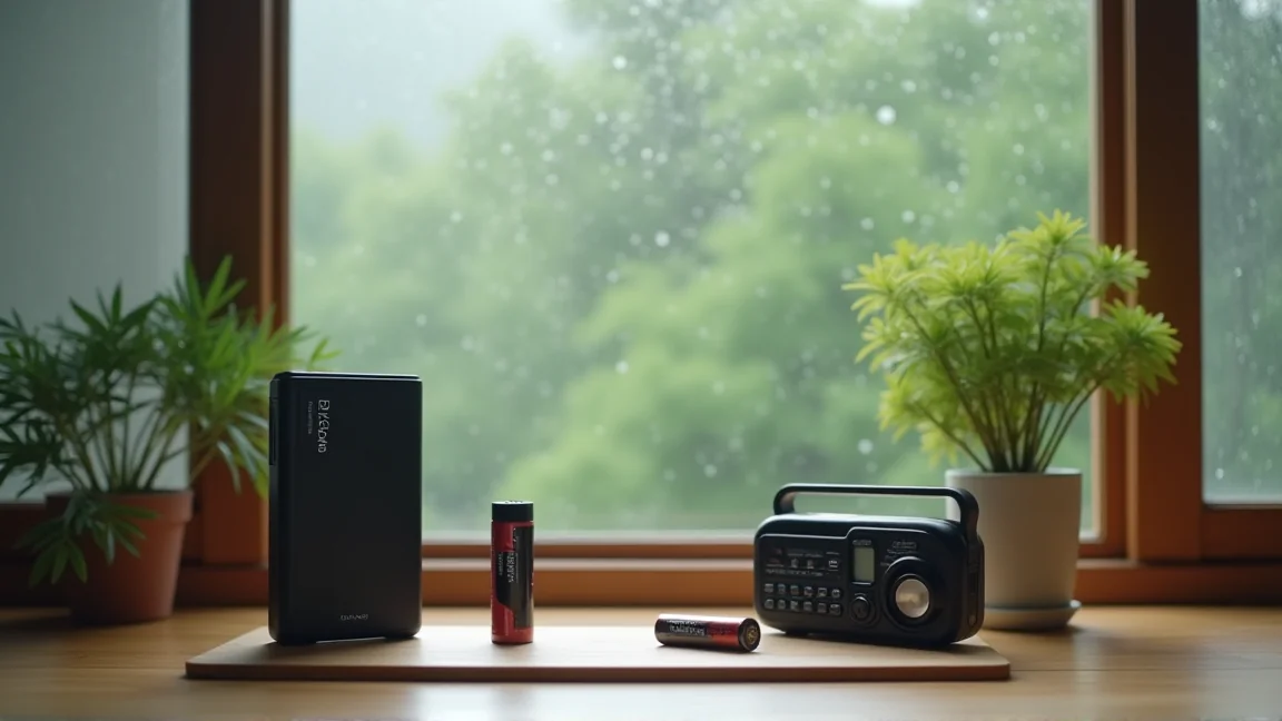 台風の前に窓辺のテーブルにまとめた停電への備え