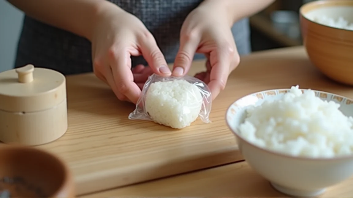 ラップに包んだご飯をふんわり三角に握る手元