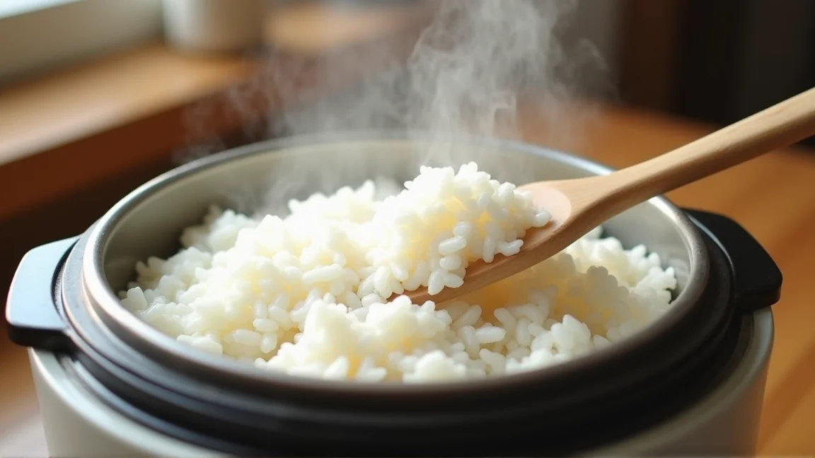 炊き上がったご飯をしゃもじでほぐしている炊飯器の内釜