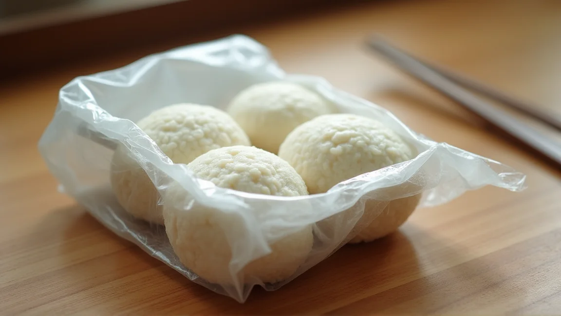 ラップで包んだおにぎりと保冷剤を入れた保冷バッグ